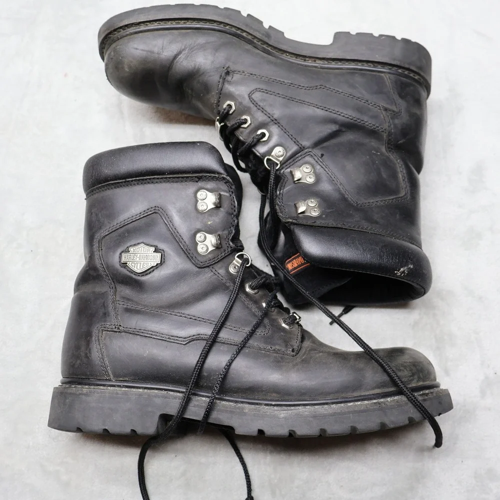 Harley Davidson Leather Boots Mens 10 Black Biker Motorcycle Lug Sole Vintage